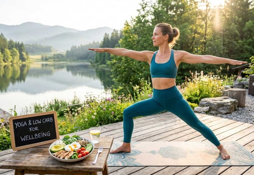 Frau bei einer Yoga-Übung im Freien neben einem gesunden Low-Carb-Gericht zur Gewichtsreduktion während einer Gesundheitskur.