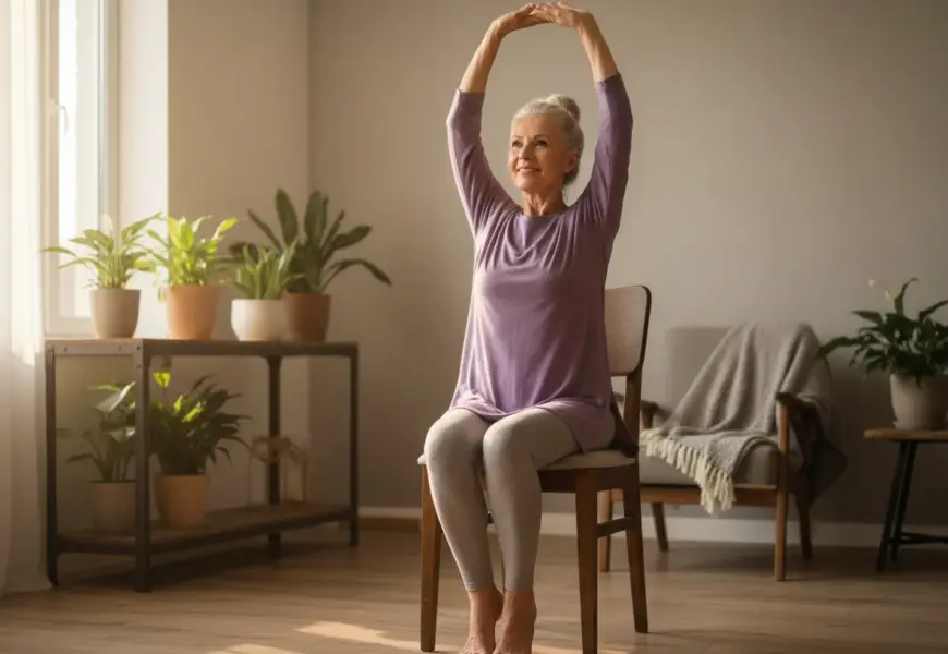Ältere Dame macht Stuhl Yoga