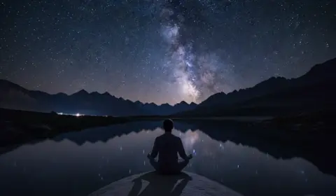 Mann meditiert vor einem Nachthimmel mit Sternen