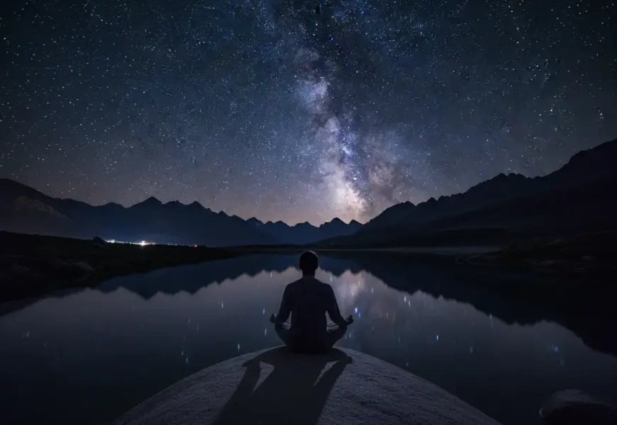 Mann meditiert vor einem Nachthimmel mit Sternen