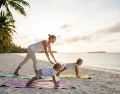 Mutter macht Yoga mit zwei Kindern im Urlaub