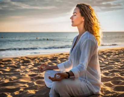 Frau meditiert am Strand