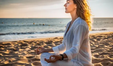 Frau meditiert am Strand