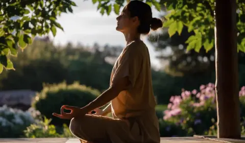 Frau meditiert im Urlaub