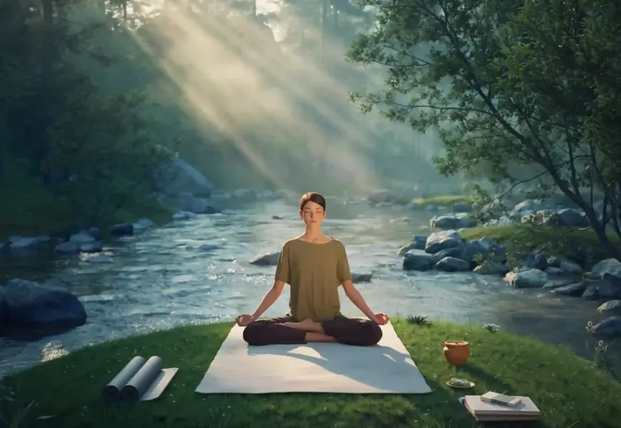 Frau meditiert draußen alleine