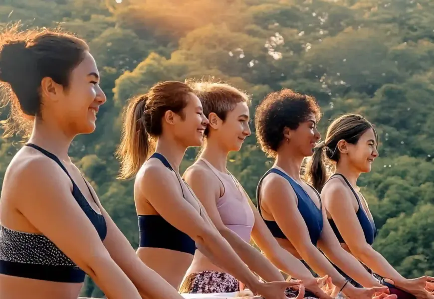 Frauen machen gemeinsam draußen Yoga