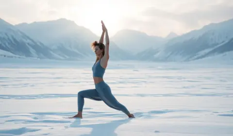 Frau macht Snowga im Schnee