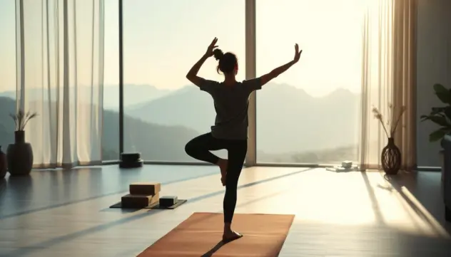 Frau macht Yoga am Fenster am Abend