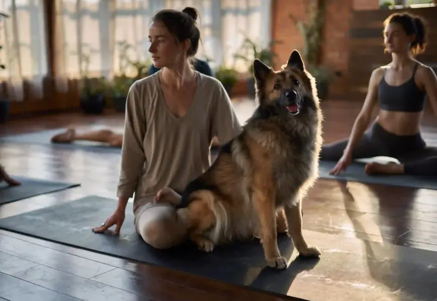 Frau mit Hund in einer Yogastunde