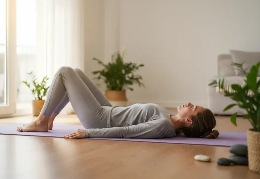 Frau liegt entspannt auf ihrer Yogamatte