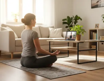 Frau macht Patanjalis Yogasutra Onlinekurs vor dem Laptop