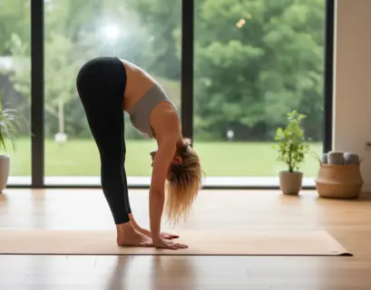 Frau macht die Yogaübung Uttanasana