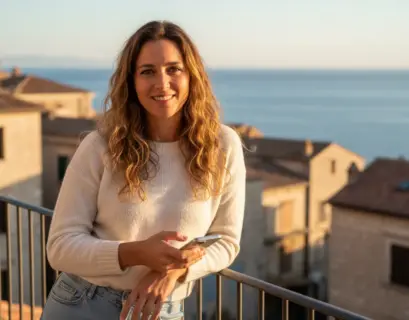 Resiliente Frau schaut entspannt in die Kamera, Handy hält sie in der Hand