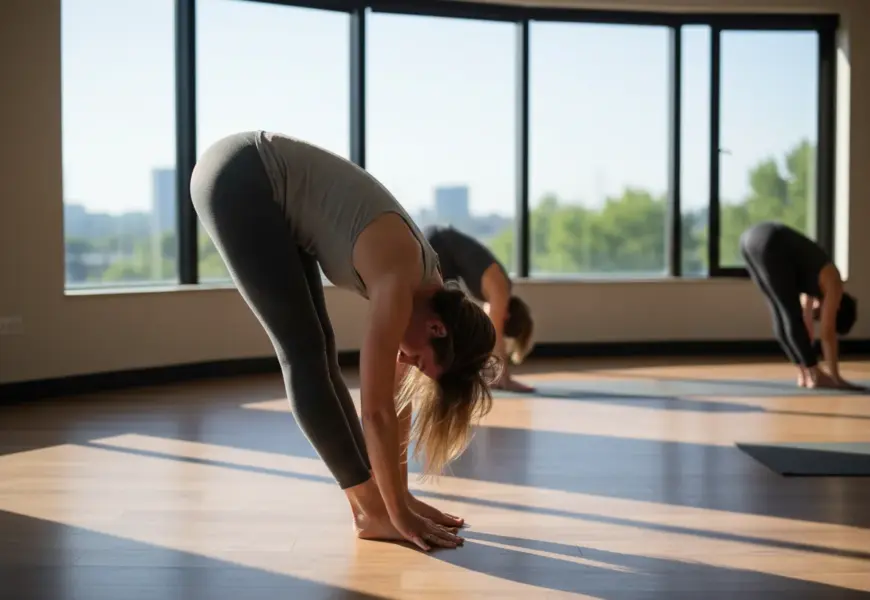 Frau macht die Yogaübung Vorwärtsbeuge