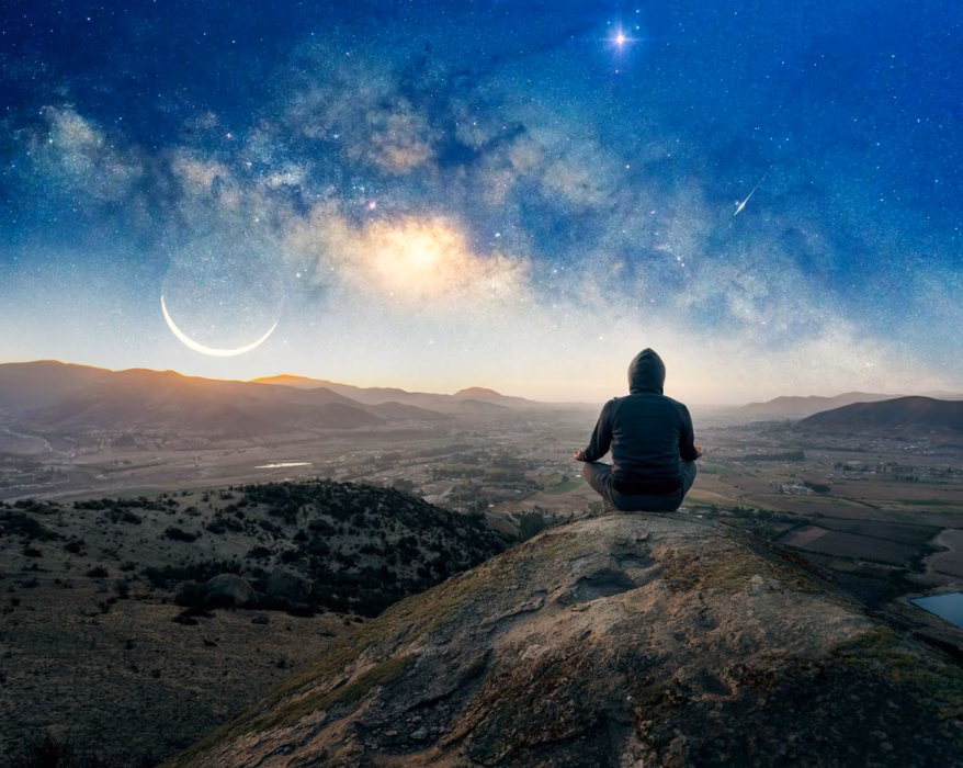 Mann sitzt auf einem Felsen in der Nacht und meditiert