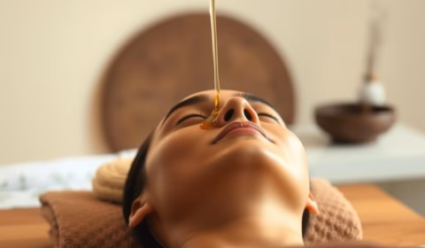 Entspannende Stirnölguss-Behandlung (Shirodhara) während einer Ayurveda Kur