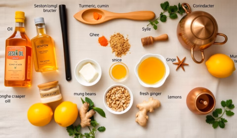 Zutaten und Utensilien für eine Ayurveda Kur zu Hause