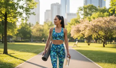 Frau trägt Sportklamotten, Sport BH und Sport Leggings, über die Schulter eine Yogamatte