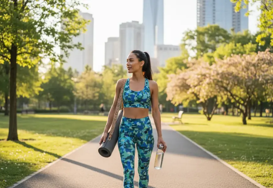 Frau trägt Sportklamotten, Sport BH und Sport Leggings, über die Schulter eine Yogamatte