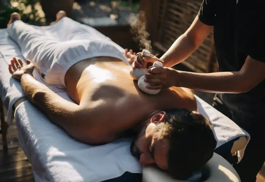 Mann bekommt eine Rückenmassage mit Kräuterstempeln