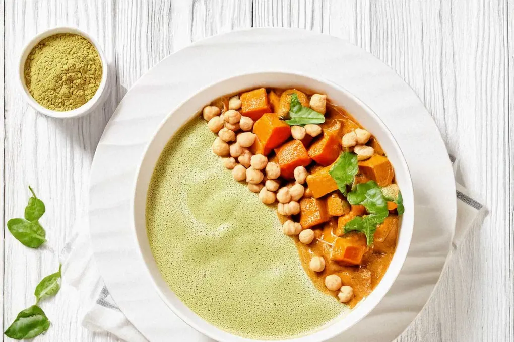 Weiße Bowl mit cremigem Curry mit Matcha