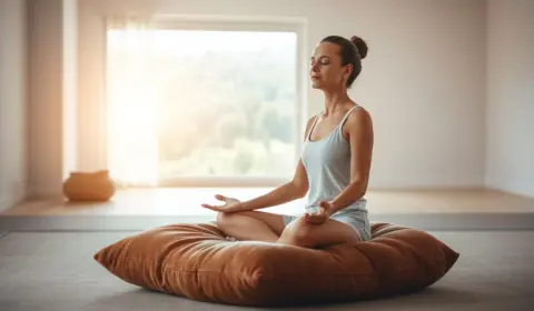 Frau macht eine Meditation auf einem Meditationskissen zur Entspannung