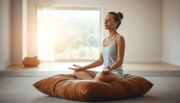 Frau macht eine Meditation auf einem Meditationskissen zur Entspannung
