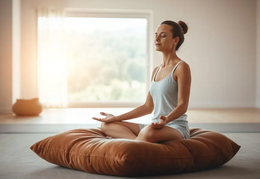 Frau macht eine Meditation auf einem Meditationskissen zur Entspannung