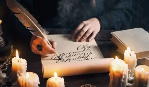 Frau schreibt ihre Wünsche auf in einer Rauhnacht