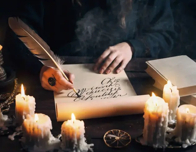 Frau schreibt ihre Wünsche auf in einer Rauhnacht