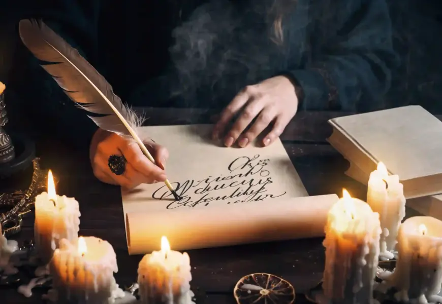 Frau schreibt ihre Wünsche auf in einer Rauhnacht