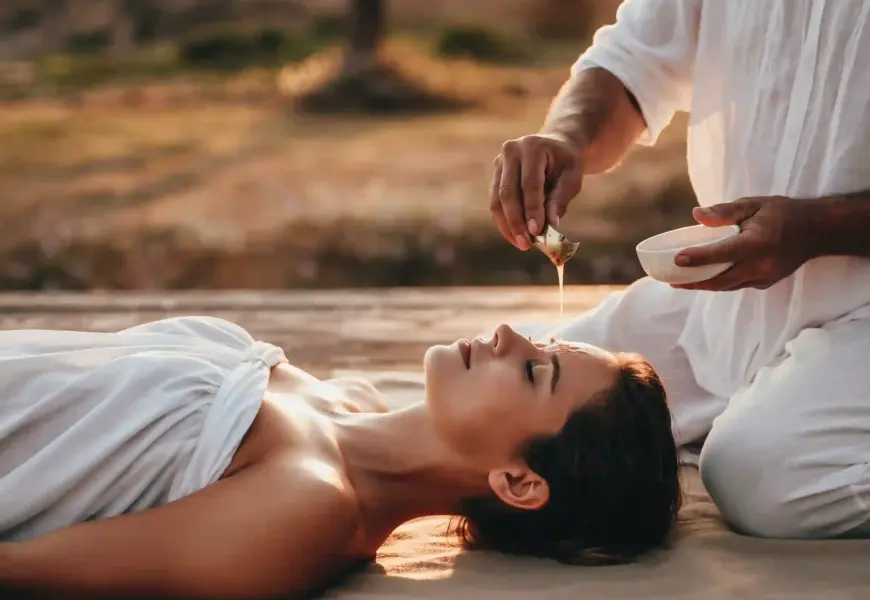 Frau bekommt einen ayurvedischen Ölstirnguss