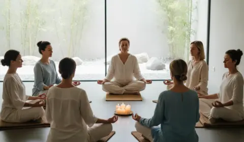 Frauen sitzen in der Meditation im Silent Retreat