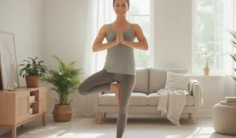 Eine lächelnde junge Frau in Sportkleidung macht Yoga in einem lichtdurchfluteten, freundlich eingerichteten Wohnzimmer mit vielen Pflanzen.