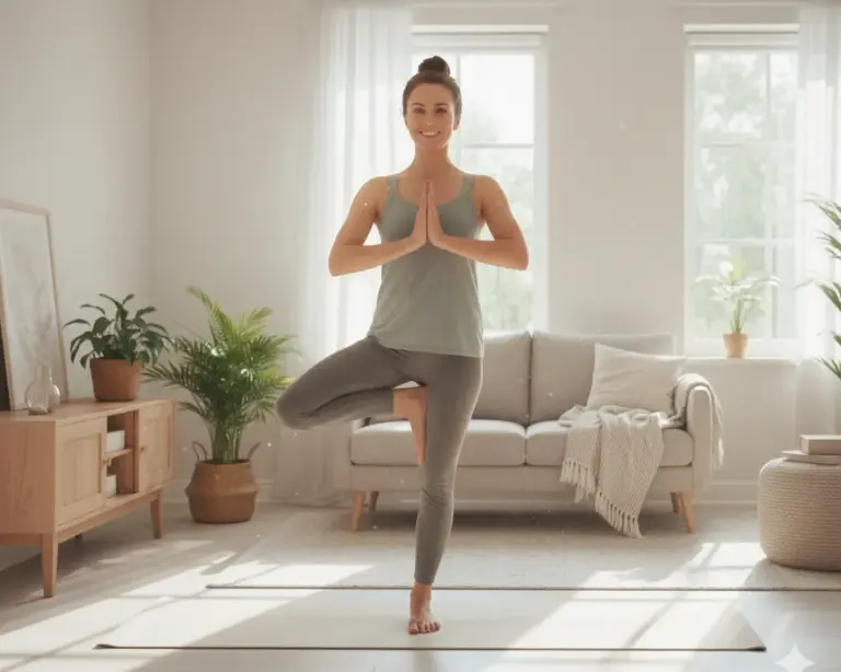 Eine lächelnde junge Frau in Sportkleidung macht Yoga in einem lichtdurchfluteten, freundlich eingerichteten Wohnzimmer mit vielen Pflanzen.