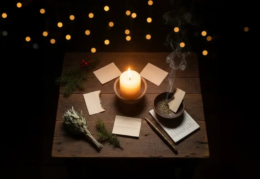 Ein rustikaler Holztisch in dunkler Atmosphäre, auf dem Utensilien für ein Wintersonnenwende-Ritual arrangiert sind. In der Mitte brennt eine weiße Stumpenkerze in einer Tonschale. Um die Kerze liegen kleine Zettel, von denen einer in einer Schale mit Kräutern glimmt und raucht. Ergänzt wird das Arrangement durch ein Salbeibündel, Tannenzweige mit roten Beeren, einen verzierten Stift und ein Notizbuch.