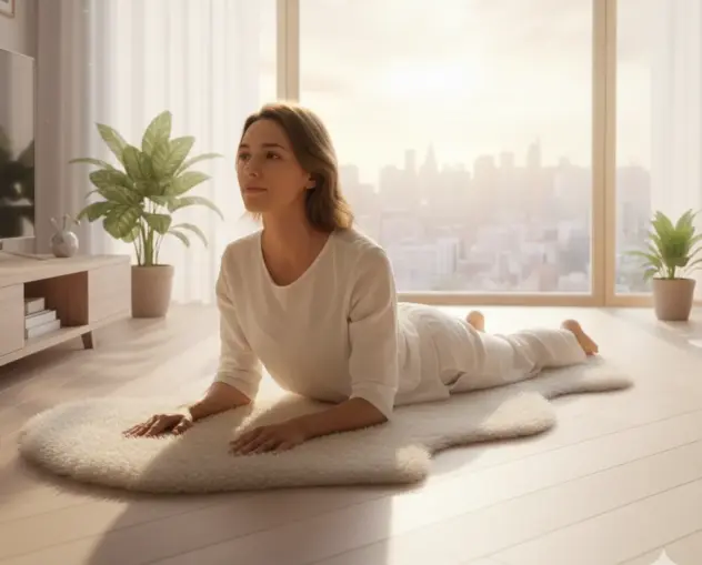 Frau macht auf dem Boden die Sphinx-Atmung zur Zwerchfell-Weitung