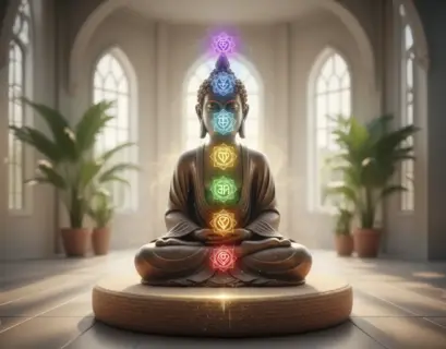 Eine Buddha Figur sitzt im Schneidersitz in einer hellen, lichtdurchfluteten modernen Wohnung auf einem runden Teppich und meditiert. Entlang ihrer Wirbelsäule sind die sieben Chakren als leuchtende, farbige Symbole visualisiert, umgeben von sanften energetischen Lichtwellen.