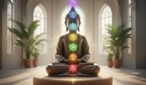 Eine Buddha Figur sitzt im Schneidersitz in einer hellen, lichtdurchfluteten modernen Wohnung auf einem runden Teppich und meditiert. Entlang ihrer Wirbelsäule sind die sieben Chakren als leuchtende, farbige Symbole visualisiert, umgeben von sanften energetischen Lichtwellen.