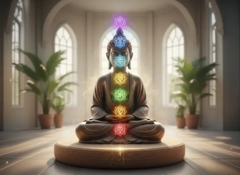 Eine Buddha Figur sitzt im Schneidersitz in einer hellen, lichtdurchfluteten modernen Wohnung auf einem runden Teppich und meditiert. Entlang ihrer Wirbelsäule sind die sieben Chakren als leuchtende, farbige Symbole visualisiert, umgeben von sanften energetischen Lichtwellen.