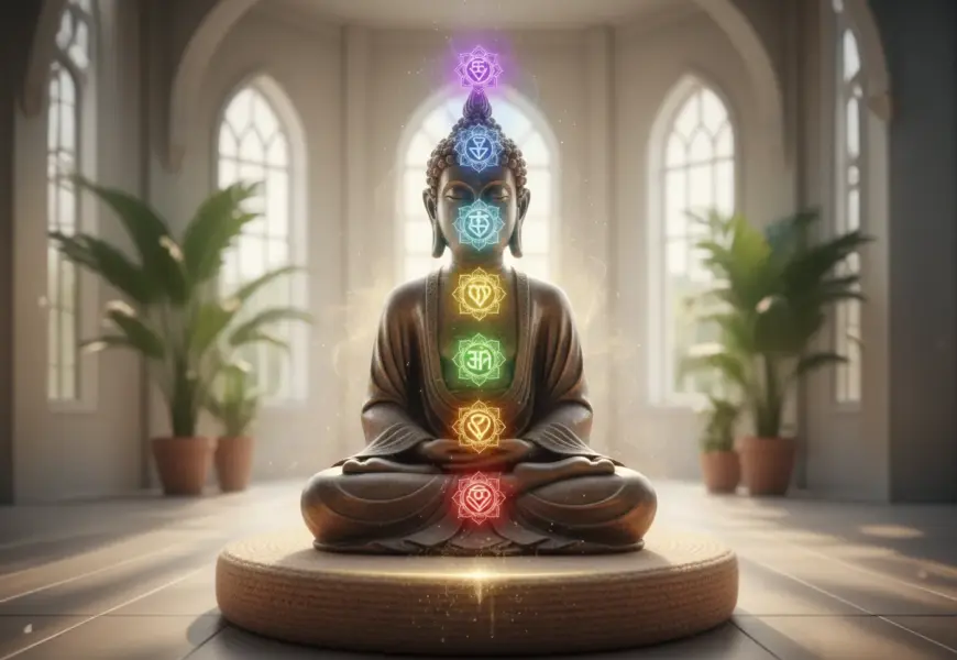 Eine Buddha Figur sitzt im Schneidersitz in einer hellen, lichtdurchfluteten modernen Wohnung auf einem runden Teppich und meditiert. Entlang ihrer Wirbelsäule sind die sieben Chakren als leuchtende, farbige Symbole visualisiert, umgeben von sanften energetischen Lichtwellen.