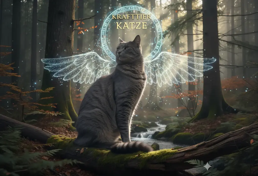 Eine graue Hauskatze sitzt majestätisch auf einem dicken, mit grünem Moos bewachsenen Ast inmitten eines nebligen Waldes. Sanfte Lichtstrahlen brechen durch den Dunst und beleuchten ihr Fell. Die Szenerie strahlt eine mystische Ruhe aus und verbindet die Intuition der Katze mit der Magie der Zwischenwelten – angelehnt an die spirituelle Energie des Krafttiers Rabe.