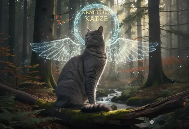 Eine graue Hauskatze sitzt majestätisch auf einem dicken, mit grünem Moos bewachsenen Ast inmitten eines nebligen Waldes. Sanfte Lichtstrahlen brechen durch den Dunst und beleuchten ihr Fell. Die Szenerie strahlt eine mystische Ruhe aus und verbindet die Intuition der Katze mit der Magie der Zwischenwelten – angelehnt an die spirituelle Energie des Krafttiers Rabe.