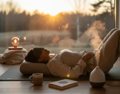 Frau liegt auf dem Rücken mit einer Schlafmaske und meditiert im Liegen