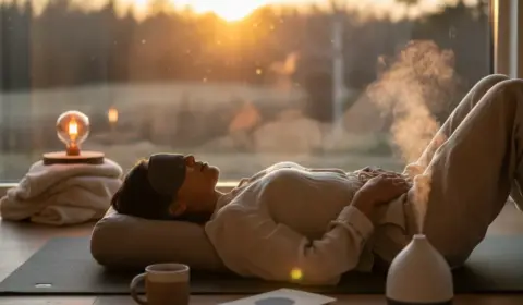 Frau liegt auf dem Rücken mit einer Schlafmaske und meditiert im Liegen