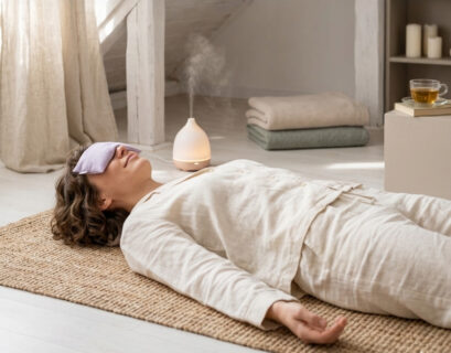 Frau liegt auf dem Boden und macht progressive Muskelentspannung nach Jacobsen