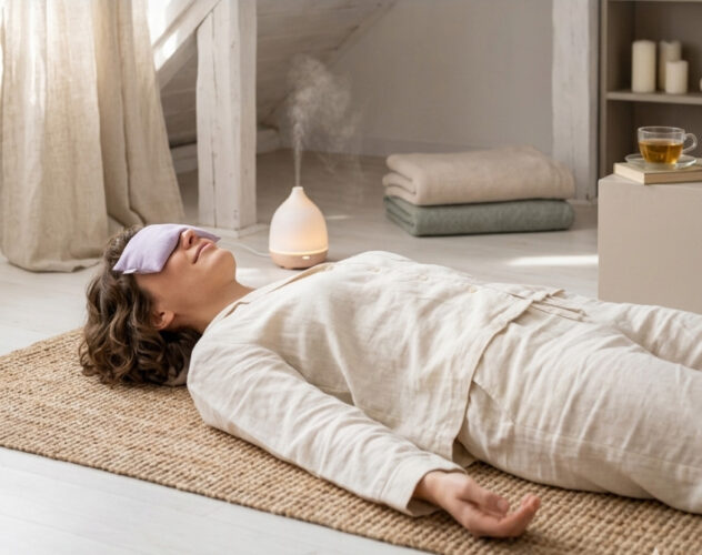 Frau liegt auf dem Boden und macht progressive Muskelentspannung nach Jacobsen