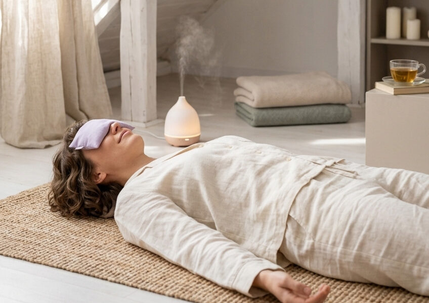 Frau liegt auf dem Boden und macht progressive Muskelentspannung nach Jacobsen