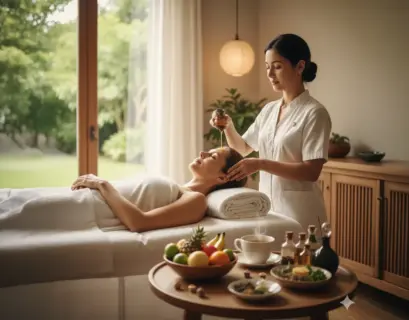 Entspannte Frau bei einer Ayurveda Frauen Kur während einer Stirnguss-Behandlung (Shirodhara) mit Kräutertee und Obst im Vordergrund.