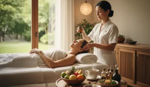 Entspannte Frau bei einer Ayurveda Frauen Kur während einer Stirnguss-Behandlung (Shirodhara) mit Kräutertee und Obst im Vordergrund.